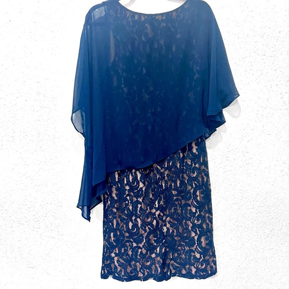 Adrianna Papell navy blue asymetrical overlay draped Dress 12 - Picture 7 of 12